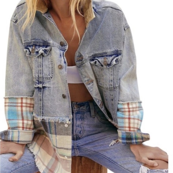 Free People Blue Denim Jacket with Plaid Details Trucker Shirt Jacket Preppy VTG - Picture 2 of 12